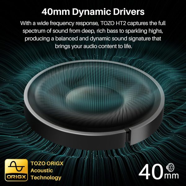 TOZO HT2 Hybrid Active Noise Cancelling Headphones, Wireless Over Ear Bluetooth Headphones, 60H Playtime, Hi-Res Audio Custom EQ via App Deep Bass Comfort Fit Ear Cups, for Home Office Travel - Image 4